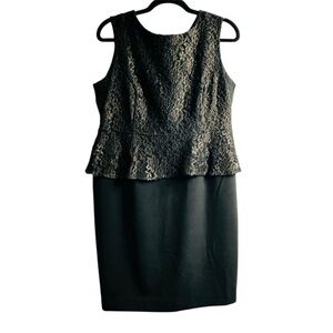 Worthington Women’s Sz 12P Black & Gold Peplum Dress With a Floral Lace Overlay
